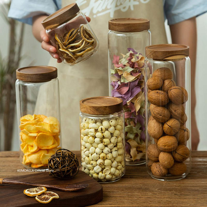 Meal Prep Glass Containers - Wood Lid Glass Airtight Canister Kitchen